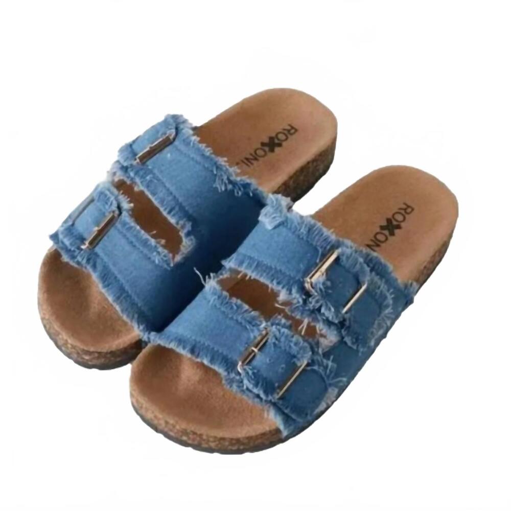 NEW ROXONI women's double buckle frayed cork sandals in blue